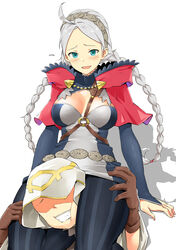 1boy 1girls absurdres ahoge blue_eyes braid commission female fire_emblem fire_emblem_fates fire_emblem_heroes gloves grey_hair hairband hand_on_thighs head_between_thighs highres igni_tion kiran_(fire_emblem) kiran_(fire_emblem)_(male) nina_(fire_emblem) nintendo open_mouth scissorhold thighs twintails