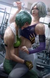 2girls ela_(rainbow_six) female female_only green_hair gym iana_(rainbow_six) multiple_girls rainbow_six rainbow_six_siege short_hair tagme tank_top towel towel_around_neck water white_hair yuri