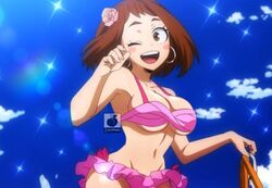 1girls breasts busty ear_piercing earrings hourglass_figure linkartoon my_hero_academia ochako_uraraka piercing screenshot_edit sideboob underboob