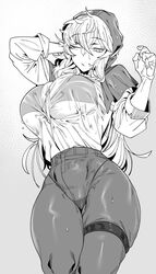 big_breasts blouse grimm_(red_hood) hood huge_breasts monochrome see-through_clothing the_hunters_guild:_red_hood thick_thighs tight_clothing tight_pants urec wet_clothes