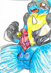 bell blue_fur blush furry genital_piercing lucario male male_only open_mouth piercing pokemon pokemon_(species) pokemon_dppt solo spikes traditional_media_(artwork) veiny_penis whitelily