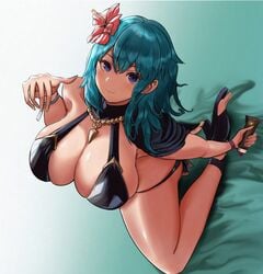 1girls alternate_costume aqua_hair bare_legs bed_sheet bikini black_bikini black_capelet black_footwear black_sandals black_swimsuit blue_background blue_eyes blush breasts byleth_(fire_emblem) byleth_(fire_emblem)_(female) byleth_(summer)_(fire_emblem)_(female) capelet cleavage closed_mouth commentary eyebrows_visible_through_hair female fire_emblem fire_emblem:_three_houses fire_emblem_heroes flower from_above full_body gradient gradient_background grey_background hair_between_eyes hair_flower hair_ornament hibiscus high_heels highres jewelry kneeling large_breasts light_blue_hair long_hair looking_at_viewer lotion_bottle medium_hair nintendo official_alternate_costume pendant sandals smile solo swimsuit thighs two-tone_background usausanopopo5 wristband