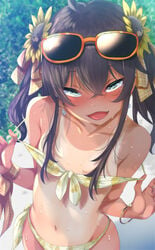 bad_id bikini bikini_pull blush brown_hair fumihiko_(pixiv2658856) green_eyes hololive hololive_gen_1 hololive_japan natsuiro_matsuri ribbons sexually_suggestive tan tan_body tanline virtual_youtuber yellow_bikini