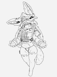 2021 anthro big_forearms cameltoe clothing digital_media_(artwork) epic_games female flat_chested fluffy fluffy_ears fluffy_tail forearms fortnite hair hatching_(art) headgear headwear hi_res legwear long_hair looking_away made_in_abyss mammal mklxiv monochrome nanachi narehate no_pants partially_visible_vulva shaded signature smug thick_thighs thigh_highs thong underwear video_games