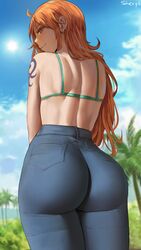 1girls 2021 arm_tattoo artist_signature ass ass_focus ass_shot back back_view bikini bikini_top blue_sky bubble_butt female female_focus female_only hi_res huge_ass jeans long_hair nami one_piece orange_eyes orange_hair outdoors pants post-timeskip shexyo standing tattoo thick_thighs thighs tight_clothing tight_fit tight_jeans tight_pants