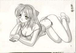 1993 1girls ass doujinshi erect_nipples erect_nipples_under_clothes female female_only fj-iii hair_ribbon headphones large_breasts long_hair looking_at_viewer lying monochrome nakoruru samurai_shodown smile snk socks thong underwear walkman