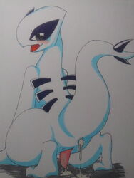 blush cum_in_ass grey_eyes looking_back lugia male male_only no_humans open_mouth pokemon pokemon_(species) pokemon_gsc solo tail traditional_media_(artwork) whitelily