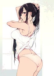 adjusting_hair ane_naru_mono armpit_peek armpits arms_up ass back bare_shoulders black_hair bra bra_visible_through_clothes breasts bright_pupils camisole chiyo_(ane_naru_mono) cowboy_shot eyebrows_visible_through_hair female female female_only fingernails hair_tie hair_tie_in_mouth hand_up high_resolution in_profile introvert large_breasts long_fingernails long_hair looking_at_viewer medium_breasts mouth_hold nape no_pants official_art pantsu pochi_(pochi-goya) ponytail purple_eyes see-through sidelocks simple_background solo spaghetti_strap tagme tank_top thighs tied_hair tying_hair underwear underwear_band very_long_hair white_background white_bra white_panties white_pupils white_underwear