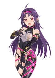 1girls adapted_costume bondage_outfit breast_grab breasts corruption covered_nipples ear_piercing earrings female_masturbation fingering gozaru headband konno_yuuki latex long_gloves makeup masturbation mind_break mind_control nipple_piercing purple_hair revealing_clothes skull_and_crossbones solo standing sword_art_online sword_art_online:_mother's_rosario