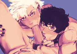 3boys :>= black_hair black_nail_polish black_nails blowjob blowjob_face blue_background brown_eyes cock_gobble cock_hungry cock_suck collaborative_fellatio cum_hungry earrings eijirou_kirishima erection eye_contact fellatio filthyfaize freckles gay genitals giving_head going_down_on hand_on_belly holding_penis izuku_midoriya katsuki_bakugou knob_polishing legs_held_open licking licking_penis looking_at_viewer male male/male/male male_only male_pov mmm_threesome mouth_full_of_cock mouthful my_hero_academia nail_polish nude oral oral_sex penis_in_mouth pierced_ears pov pov_blowjob pov_male pubic_hair saliva_trail scars spiky_hair sucking_off teenage_boy threesome tongue tongue_out two_on_one uncensored white_hair yaoi