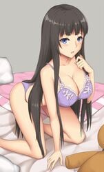 all_fours arciealbano artist_name ass bangs bare_knees bare_legs bed bed_sheet bent_knees black_hair blanket blue_eyes blunt_bangs blush bra breasts cleavage eyebrows_visible_through_hair female high_resolution hime_cut indoors kamisama_no_memo_chou kneeling knees large_breasts lavender_bra lavender_panties lavender_underwear legs lingerie long_hair looking_at_viewer older on_bed open_mouth pantsu pillow pixiv_id_16299348 purple_bra purple_panties purple_underwear shionji_yuuko signature simple_background solo straight_hair stuffed_animal stuffed_toy teddy_bear underwear underwear_only very_long_hair