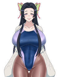 alternate_costume big_breasts black_hair butterfly_hair_ornament cowboy_shot demon_slayer eiro_lemon female female_only huge_breasts ierou_yellow kimetsu_no_yaiba kochou_kanae long_hair looking_at_viewer one-piece_swimsuit panty_pull purple_eyes smile solo stockings swimsuit thick_thighs thigh_gap tight_clothing wide_hips