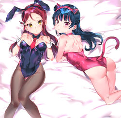 2girls animal_ears ass blue_hair bunny_ears bunnysuit cat_ears love_live! love_live!_sunshine!! necktie purple_eyes red_hair sakurauchi_riko tem10 tsushima_yoshiko wrist_cuffs yellow_eyes