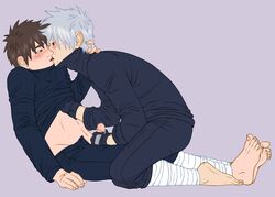 2boys barefoot bent_over black_legwear blush eye_contact face_to_face gay gloves hand_under_shirt handjob hatake_kakashi kissing kneeling leaning leaning_back looking_at_another looking_at_partner male male/male male_only multiple_boys naruto naruto_(series) naruto_shippuden open_clothes open_pants pants penis penis_grab penis_out red_eye scar scar_across_eye sharingan shirt short_hair sinyaru unmasked yamato_(naruto) yaoi