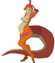 absurd_res alpha_channel anthro big_tail breasts cobra female green_eyes hi_res intersex nipples non-mammal_breasts nude orange_body orange_scales pregnant red_body red_scales reptile scales scalie serpentine simple_background smile snake snake_hood solo stretching thegamingzilla