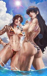 2girls 4k abs absurd_res adjusting_clothes adjusting_swimsuit alcohol animal_print ass ass_visible_through_thighs beer big_breasts bikini black_hair black_lagoon blue_eyes bracelet brown_eyes brown_hair cloud dark_hair day drink fat_breasts female female_focus female_only female_protagonist flame_print from_below hand_on_hip hi_res holding_object human large_breasts light-skinned_female light_rays light_skin long_hair looking_at_viewer looking_back looking_down monorirogue multiple_females multiple_girls muscles muscular muscular_female navel obliques ocean orange_bikini outdoors outside partially_submerged pinup ponytail popsicle pose purple_hair red_hair revy roberta sideboob six_pack sky standing striped_bikini swimsuit tattoo tattoos thick_thighs thunder_thighs tongue tongue_out underboob very_long_hair water zebra_print