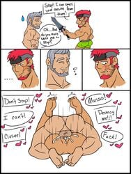 2boys ? abs anal anal_penetration anal_sex balls bara beard blush bouncing_ass comic_page commission cum cum_in_ass cum_inside ejaculation facial_hair facial_scar gay goatee green_eyes gyee headband hearts highres holding_weapon instant_loss_2koma large_pectorals male_feet male_focus male_penetrated male_penetrating master_(gyee) mating_press mature_male motion_lines multiple_boys muscular muscular_male musso_(gyee) nipples nude pectorals penis red_hair scar scar_on_cheek scar_on_face sex short_hair shorts sideburns silver_hair skullsour sword swordsman_(gyee) tan_skin thick_ass thick_thighs thrusting_into_ass topless uncensored weapon white_background yaoi