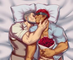 2boys bara beard bed bulky commission facial_hair gay goatee guppo13 gyee hand_on_penis hand_to_face highres kissing male/male male_focus master_(gyee) mature_male multiple_boys muscular muscular_male musso_(gyee) red_hair scar scar_on_cheek scar_on_chest scar_on_face short_hair sideburns silver_hair swordsman_(gyee) thick_arms yaoi