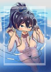 :d andou_shuki bikini bikini_bottom_removed bikini_removed bikini_top_removed black_hair blue_bikini blue_eyes blush breasts clavicle clothes_removed cute_fang female ganaha_hibiki hair_between_eyes holding holding_bikini_top idolmaster idolmaster_(classic) long_hair looking_at_viewer looking_up medium_breasts moderate_pubic_hair navel nipples nude oerba_yun_fang open-mouth_smile open_mouth partially_submerged ponytail pubic_hair side-tie_bikini sketch smile solo stomach string_bikini swimming swimsuit swimsuit_removed tagme thigh_gap tied_hair untied untied_bikini very_long_hair viewed_from_above water