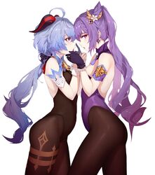 2girls after_kiss blue_hair ganyu_(genshin_impact) genshin_impact gloves goat_horns hiki_niito hikinito_(leviathan) holding_hands horn keqing_(genshin_impact) legwear leotard looking_at_viewer open_mouth pantyhose purple_eyes purple_hair saliva_trail side_view twintails very_long_hair yuri