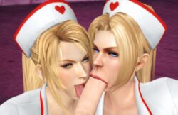 1boy 2girls 3d :>= angry_dragon balls blonde_hair blowjob blue_eyes cg dead_or_alive fellatio female female_focus kunoichi long_hair male ninja ninja_gaiden nurse nurse_cap nurse_uniform oral oral_penetration oral_sex penis ponytail rachel_(ninja_gaiden) sarah_bryant sega superzion tagme testicles virtua_fighter