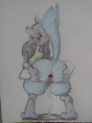 blue_fur blush brown_eyes furry looking_back lucario male male_only pokemon pokemon_(species) pokemon_dppt raised_tail solo spikes spread_anus tongue_out traditional_media_(artwork) whitelily