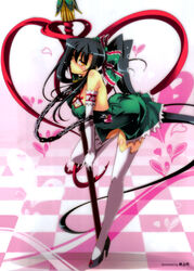 1girls alternate_costume amber_eyes artist_request big_breasts black_hair blowing_kiss blush breasts busty chains chinese_girl female female_only green_dress hair_ribbon heart kan'u_unchou_(koihime) koihime†_(series) koihime_musou large_breasts leaning_forward lips long_hair object_between_breasts official_art ribbon side_ponytail spear voluptuous