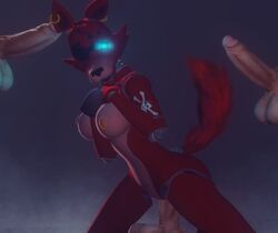 1girls 3boys 3d animatronic blue_eyes cowgirl_position five_nights_at_freddy's five_nights_at_freddy's_2 foxy_(disembowell) foxy_(fnaf) foxy_(psychojohn2) furry glowing_eyes red_fur red_tail robot_girl rule_63 sex source_filmmaker tanukichan