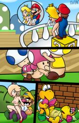 4girls 6boys areolae artist_signature ass background balcony blonde_hair blowjob blue_eyes bodily_fluids breasts clothed_male_nude_female comic couple dedx doggy_style erect_nipples fellatio female from_behind heels high_heels koopa_troopa kylie_koopa male mario mario_(series) mario_and_luigi:_partners_in_time mario_and_luigi_(series) moustache naked_footwear naked_heels naked_with_shoes_on navel nintendo nude on_back oral orgy panels penetration penis pink_lips pink_nipples princess_peach princess_rosalina pussy pussy_juice reverse_cowgirl_position riding saliva sex small_breasts straight super_mario_bros. threesome toad_(mario) toadette vaginal_penetration vaginal_sex wario wet_pussy