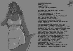 apron big_ass big_breasts black_hair character_sheet curly_hair dark-skinned_female dark_skin english_text estella_comics galilea_vazquez grey_background long_hair mannyestella milf monochrome mother mrestella simple_background text