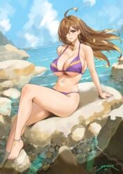 1girls alternate_costume anklet barefoot bikini breasts brown_hair ear_piercing earrings feet female hair_over_one_eye kono_subarashii_sekai_ni_shukufuku_wo! lipstick medium_hair ocean outdoors outside sendrawz sitting solo swimsuit water wiz_(konosuba) yellow_eyes