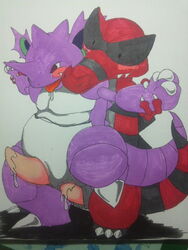 anal blush drooling gay krookodile male_only nidoking pokemon pokemon_(species) pokemon_bw pokemon_rgby purple_scales red_scales scalie tongue_out traditional_media_(artwork) whitelily yaoi