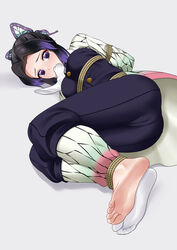 ankles_tied arms arms_behind_back barefoot barefoot_under_trousers black_hair bondage butterfly_hair_ornament cameltoe demon_slayer feet female female_only fully_clothed gag gagged haori kimetsu_no_yaiba kochou_shinobu oirin on_side one_sock purple_eyes rope_bondage sock_in_mouth soles solo tabi tied_up toes two_tone_hair