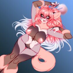 anthro blush breasts brown_fur canid canine crystal-for-ever felid feline female female_only fluffy fluffy_tail fur multicolored_fur nipples open_mouth pink_fur pink_hair simple_background smile solo tail teeth tongue tongue_out two_tone_hair white_fur white_hair