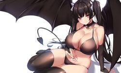 1girls bangs bare_shoulders bikini black_bikini black_hair black_legwear blush breasts cleavage demon_girl demon_tail demon_wings female highres huge_breasts long_hair looking_at_viewer md5_mismatch navel original pubic_tattoo red_eyes simple_background smile spider_apple succubus succubus_tattoo swimsuit tail tattoo thighhighs twintails wings