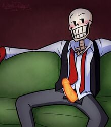 animated_skeleton couch ectopenis green_couch green_sofa looking_at_viewer male male_only mykinkispapyrus orange_penis papyrus penis penis_out sitting sitting_on_couch sitting_on_sofa skeleton sofa solo solo_male tagme underswap underswap_papyrus undertail undertale untied_tie