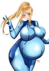 bayoshii big_breasts blonde_hair bodysuit metroid milf pregnant ready_to_pop samus_aran seductive_smile skintight smile thick_thighs