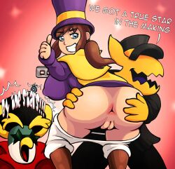 a_hat_in_time aged_up anus ass ass_grab big_ass big_breasts blue_eyes boots breasts brown_boots brown_hair hat hat_adult hat_kid jacket large_ass large_breasts long_hair looking_at_viewer looking_back nipples nipples_visible_through_clothing pants pants_down pants_pull ponytail purple_hat purple_jacket saittamicus smile smiling smiling_at_viewer the_conductor thumbs_up vaginal_penetration voluptuous voluptuous_female white_pants