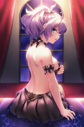 :d arm_at_side arm_garter azur_lane back backless_outfit bare_back bare_shoulders black_choker black_dress breasts choker dress female female from_behind green_eyes high_resolution indoors javelin_(azur_lane) light looking_at_viewer looking_back neit_ni_sei open-back_dress open-mouth_smile open_mouth ponytail purple_hair short_hair short_ponytail sideboob sitting small_breasts smile solo teasing tied_hair window