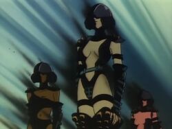 3girls armored_gloves black_gloves black_leotard demon_beast_invasion helmet latex_leotard screenshot_edit shoulder_armor standing youjuu_kyoushitsu