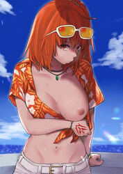 1girls 2021 29gyu areolae belly_button blue_sky body_markings bracelet breasts embarrassed erect_nipples fate/grand_order fate_(series) female female_focus female_only female_protagonist flashing_breasts front-tie_top fujimaru_ritsuka_(female) gudako hair_scrunchie hand_markings hawaiian_shirt hi_res hips large_breasts looking_at_viewer looking_down medium_hair midriff necklace nipples one_breast_out orange_eyes orange_hair orange_shirt outdoors short_shorts shorts shy side_ponytail slim_waist sunglasses sunglasses_on_head sweat sweaty_body thick_lips very_high_resolution white_shorts wide_hips