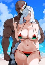 1boy 1girls ai_generated blue_eyes dark-skinned_male dark_skin genshin_impact gooner4lt interracial large_breasts light-skinned_female light_skin looking_at_viewer pan-african_flag pan_african_flag_bikini shenhe_(genshin_impact) white_hair