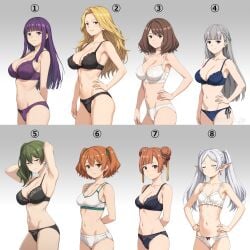 6+girls 8girls ai_generated ai_hands bra breast_comparison ehre_(sousou_no_frieren) female female_only fern_(sousou_no_frieren) frieren kanne_(sousou_no_frieren) lace lace-trimmed_bra lace-trimmed_panties lace_trim laufen_(sousou_no_frieren) lawine_(sousou_no_frieren) methode_(sousou_no_frieren) multiple_girls panties sousou_no_frieren tagme take_your_pick ubel_(sousou_no_frieren) underwear