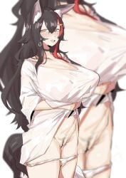 1girls black_choker black_hair blush blush_lines breasts choker female female_pubic_hair hair_accessory hair_between_eyes hair_ornament hololive hololive_gamers hololive_japan inner_ear_fluff kemono kemonomimi large_breasts leebongchun long_hair looking_at_viewer nipple_bulge nipples nipples_visible_through_clothing ookami_mio orange_eyes orange_hair_ornament panties_around_leg panties_around_legs panties_down pubes pubic_hair pussy pussy_juice pussy_juice_drip pussy_juice_drip_through_clothes red_hair shirt_dress shirt_lift shirt_only smile solo streaked_hair two_tone_hair virtual_youtuber wavy_hair wolf_ears wolf_girl wolf_tail