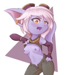 breasts clothing exposed_breasts eyewear eyewear_on_head female female_only flashing_breasts fur goggles goggles_on_head humanoid league_of_legends piercing princess_rari purple_fur riot_games solo tristana white_hair yordle