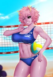 1girls beach bikini blue_sports_bra breasts easonx female female_only looking_at_viewer mina_ashido my_hero_academia ocean one_female pink_hair pink_skin short_hair solo solo_female sports_bra volleyball_(ball) volleyball_net yellow_eyes