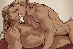 2boys blonde_hair captain_america captain_america_(series) closed_smile hand_on_head human human_only light-skinned_male light_skin male male_only marvel marvel_comics mature mature_male muscular muscular_male naked naked_male nude steve_rogers thor_(marvel) thor_(series) yaoi