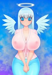 1girls akiranime angel angel_and_devil angel_wings animated animated_gif areolae bad_girl bangs belt blinking blue_eyes blue_hair blush bouncing_breasts breasts bursting_breasts cleavage collarbone covered_erect_nipples cowboy_shot curvy curvy_body curvy_female demon demon_girl demon_horns demon_wings denim devil devil_girl devil_horns devil_wings dot_nose dual_persona erect_nipples erect_nipples_under_clothes evil_eyes evil_face evil_smile eyebrows_visible_through_hair female female_focus fire flashing good_girl halo heart heart-shaped_pupils heaven hell highres horns hourglass_figure huge_areolae huge_breasts huge_nipples innocent jeans jiggling_breasts long_hair looking_at_viewer naughty naughty_face navel nipples no_bra open_clothes open_shirt original own_hands_together pants pink_shirt presenting_breasts raised_eyebrows red_eyes shaking_breasts shirt skull skull-shaped_pupils skull_symbol smile solo symbol-shaped_pupils thigh_gap white_belt wide_hips wings