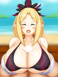 beach bikini bikini_top breasts censored censored_penis cleric_(disgaea) closed_eyes disgaea disgaea_rpgenthusiastic_consent happy_female happy_sex large_breasts nagisa_(disgaea) paizuri paizuri_under_clothes penis seaside yukari_ume