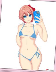 1female 1girls artist_name bikini bikini_bottom bikini_top blue_bikini blue_bikini_bottom blue_bikini_top blue_eyes blue_swimwear bow breasts doki_doki_literature_club female female_focus female_only girl hair_bow hairbow holding_phone navel patreon_username phone red_bow red_hair_bow red_hairbow sayori_(doki_doki_literature_club) selfie selfie_pose solo solo_female solo_focus strawberry_blonde_hair swimwear thefishart tongue tongue_out underboob